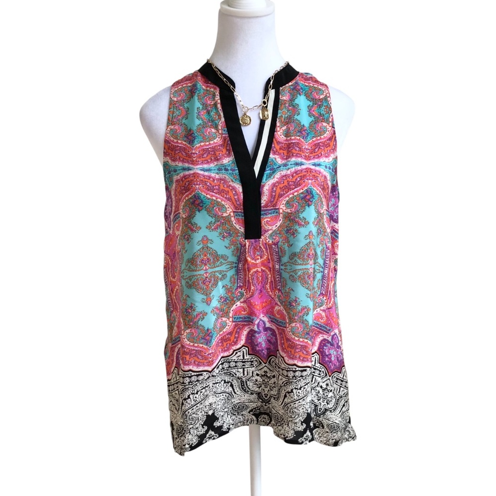 Anthropologie Top Silk Vibrant Print Sleeveless (S)